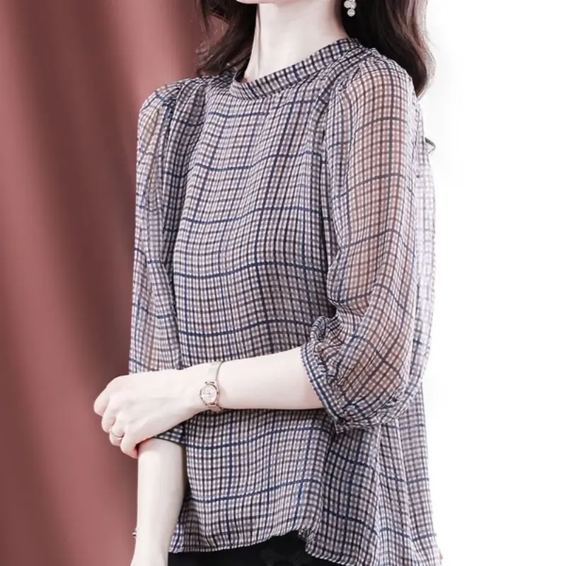 Fashion Printed All-match Lattice Chiffon Blouse Women\'s Clothing 2024 Spring New Oversized Casual Pullovers Office Lady Shirt