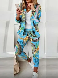 Elegant Office Women Blazers Pants Outfits Chic Lady Print Long Sleeve Two Piece Set Casual All Season Slim Pants Matching Suit