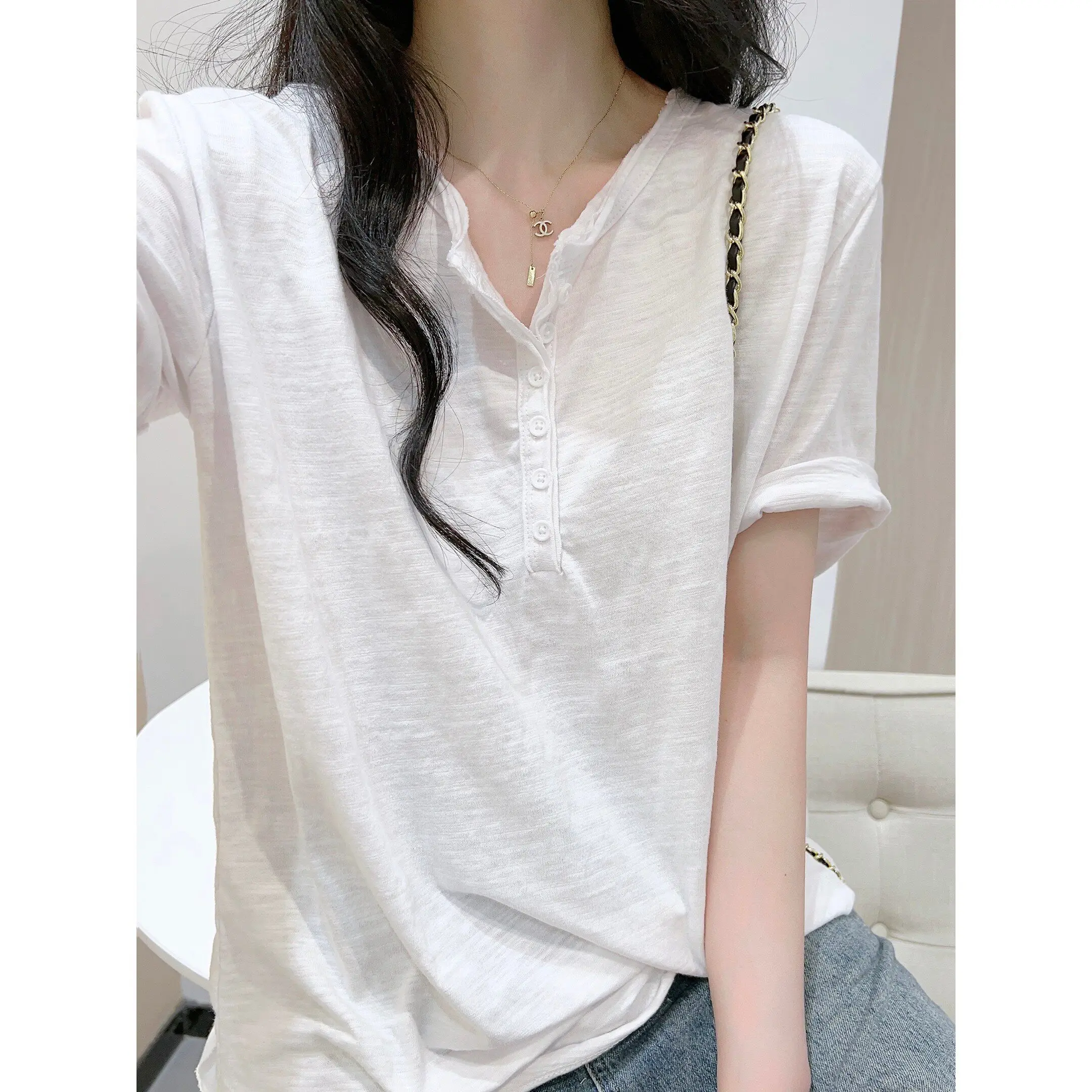 Casual Style White Short Sleeve T-Shirt Women plus Size Fashion Design Shoulder Level Top Comfortable Loose Fit Summer New Ar...