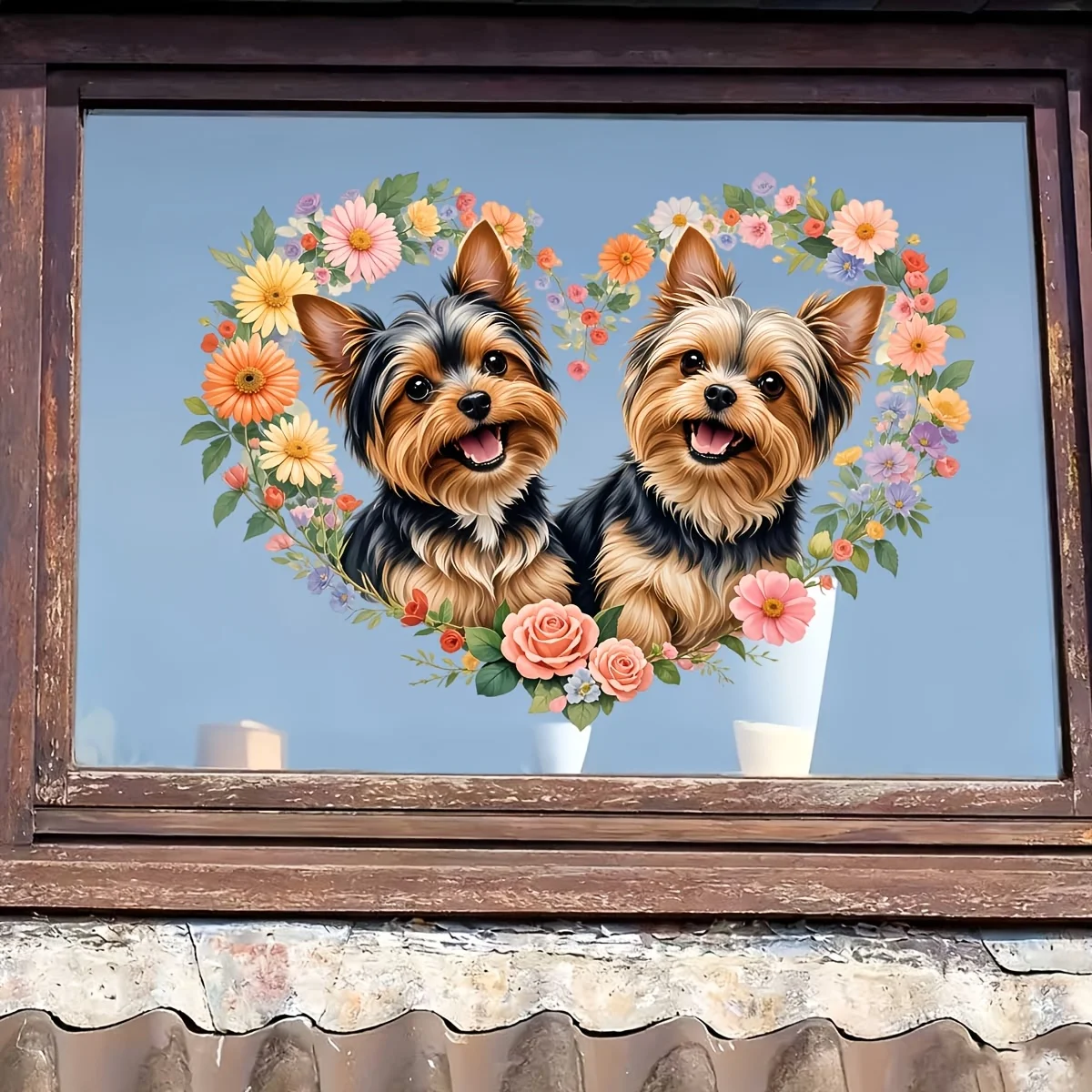 1pc Yorkshire Terrier Dog Heart Wreath Wall and Window Sticker, Self-Adhesive, Suitable for Windows, Doors, Bedroom, Living Room