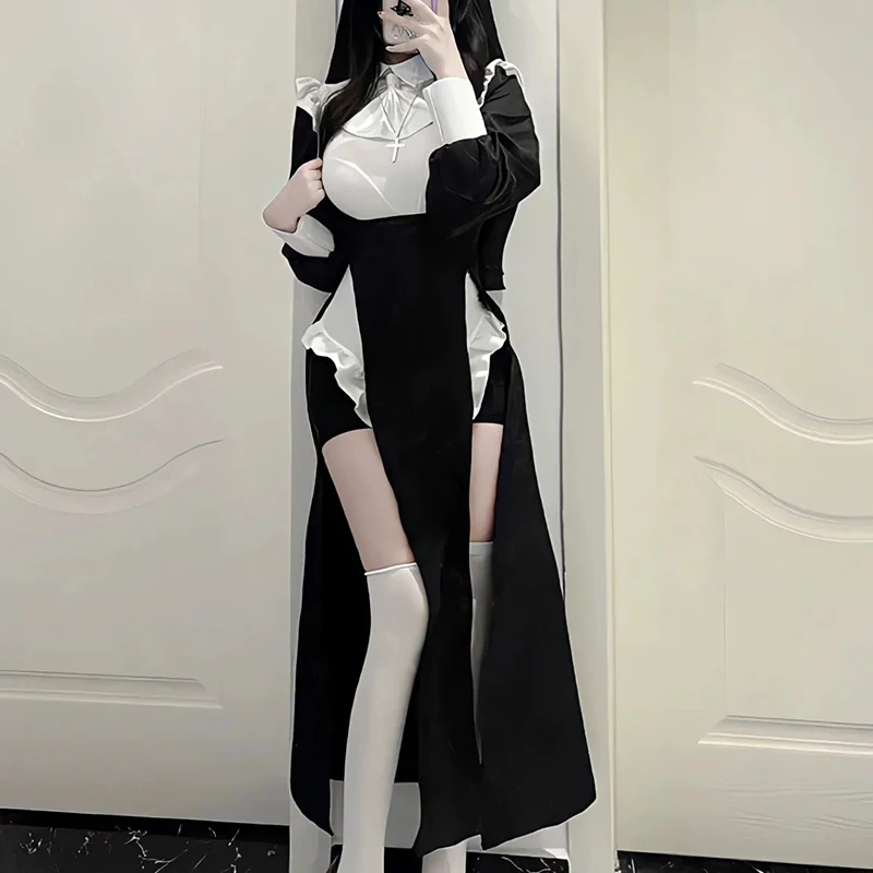 

Halloween Nun Cosplay Dress 6 Piece Set Sexy Slim Cute Black Nun Frock Subculture Japan Anime Show Ready Evening Party Vestidos