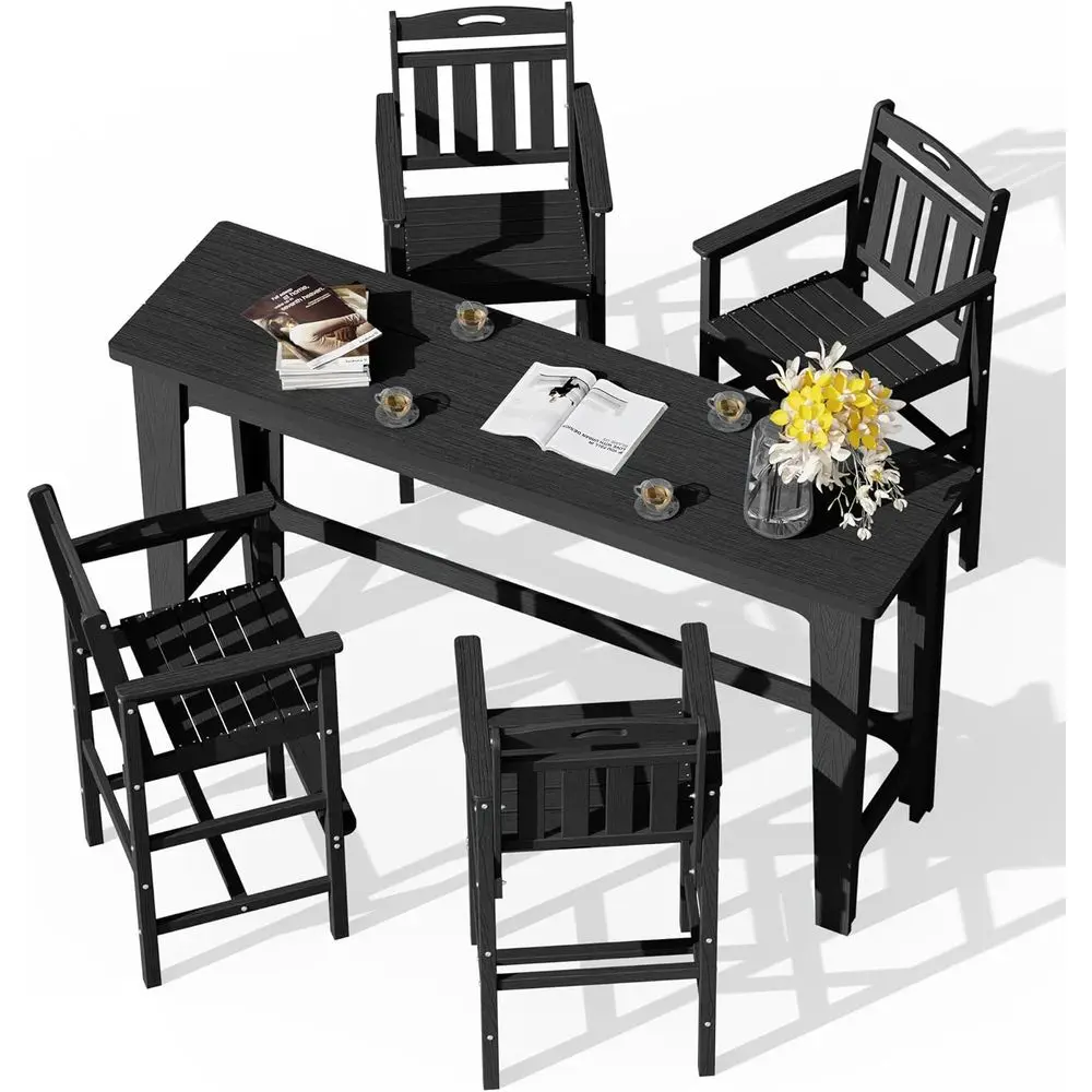 

60 Long High Top Outdoor Bar Table Set with 4 Oversized Adirondack Chairs, Durable All-Weather Patio Furniture, Black