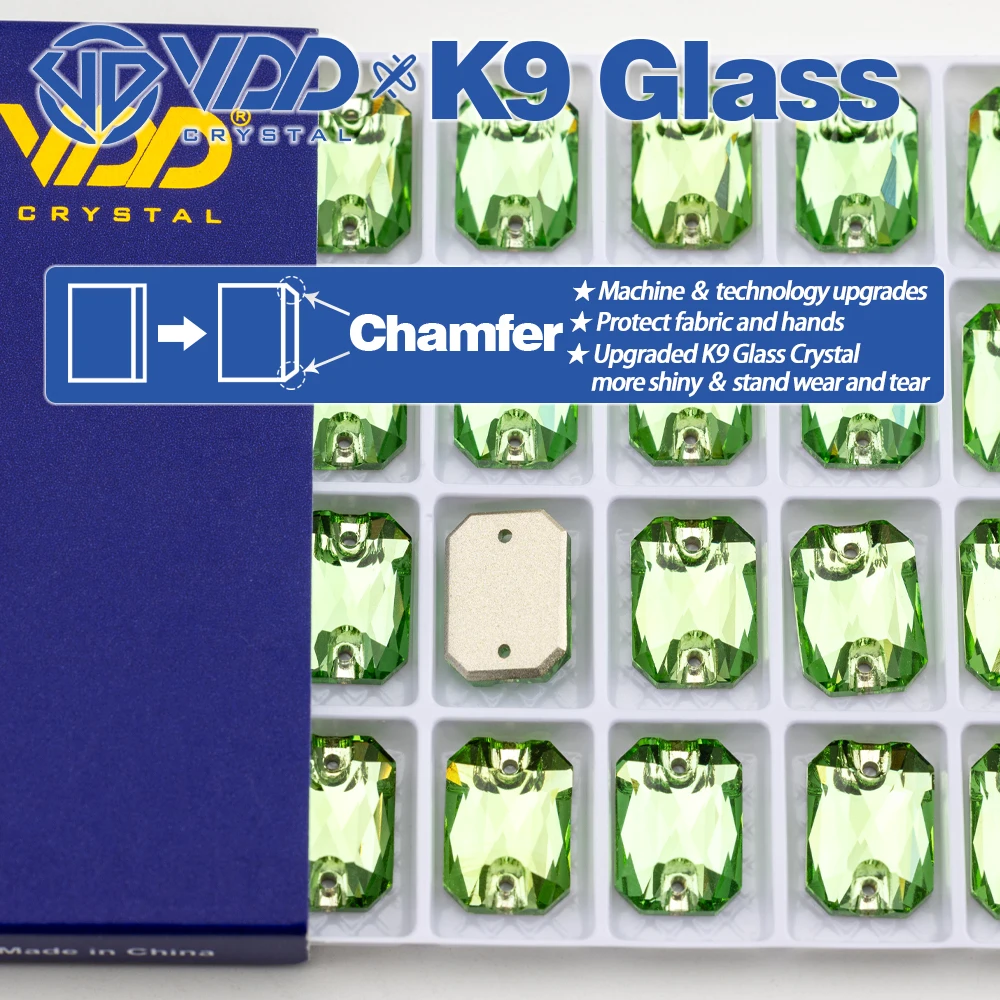 VDD S112 Lt.Peridot Emerald Cut High Quality K9 Glass Sew On Rhinestones Crystal Flatback Sewing Stones For Clothes Decorations