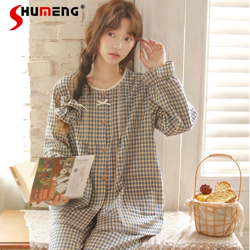 الخريف القطن الخالص الشاش منامة للنساء طويلة الأكمام الحلو منقوشة جميع القطن مجموعة الإناث عارضة يمكن ارتداؤها Homewear الدعاوى #2