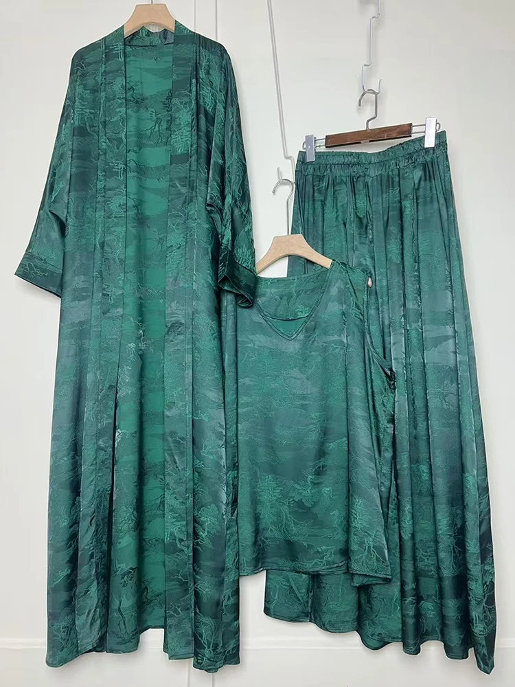Designer retro positioning printing long cardigan+vest three-piece spring women's dress+loose plus size pants skirt fashion suit