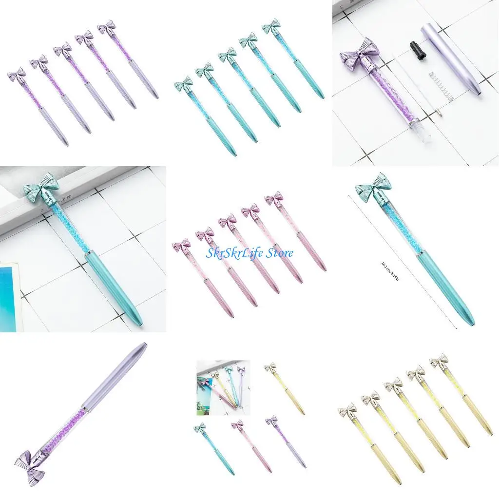 

E65E 5Pcs Bow Ballpoint Pen Crystal Bead Signing Pen Twist Action Pen 1.0MM