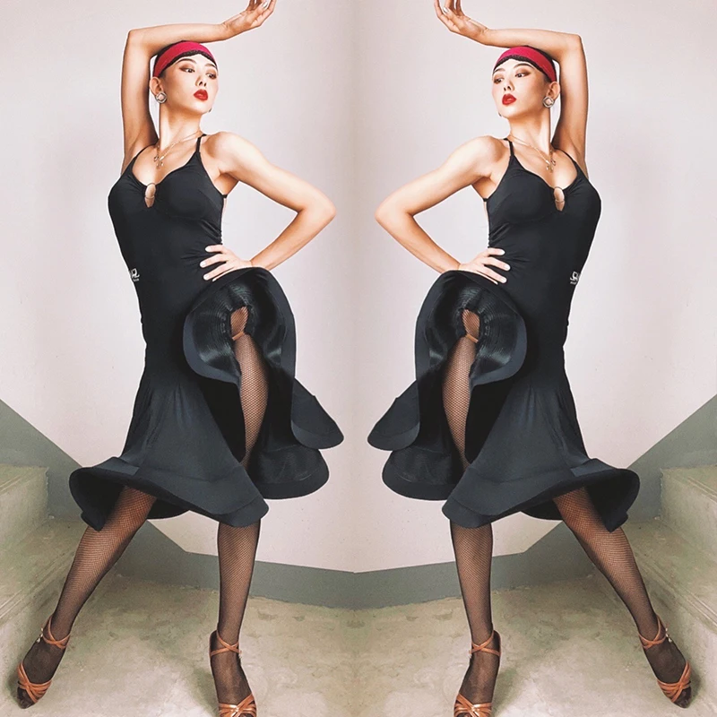Verão roupas de dança latina sexy senhora sem costas vestidos cabidos espinha de peixe tango latino desempenho vestido feminino rumba dancewear 1773