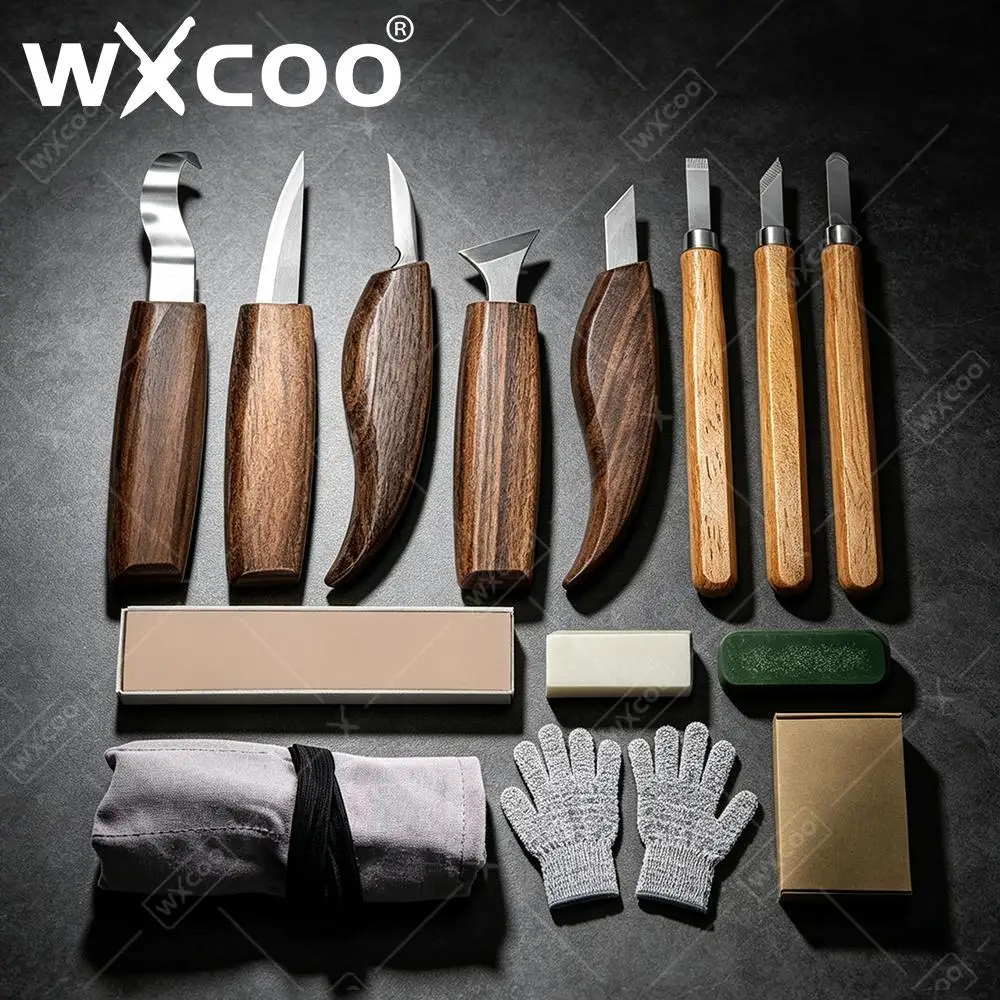 Professional Timber Sculpting Tools Wood Carving Knife Hand Chisel Tools with Sharpening Kit Gloves for Beginners and Craftsmen