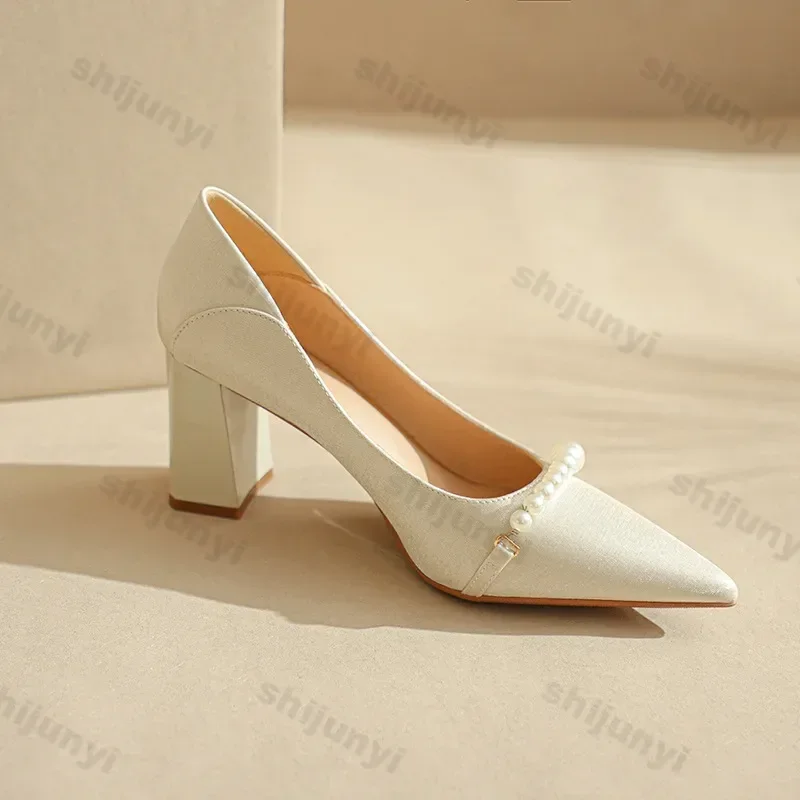 Fashion Pointed Pearl High Heels Shoes Women White Wedding Shoes Thick High Heels Party Pumps Woman Footwear Zapatos De Mujer