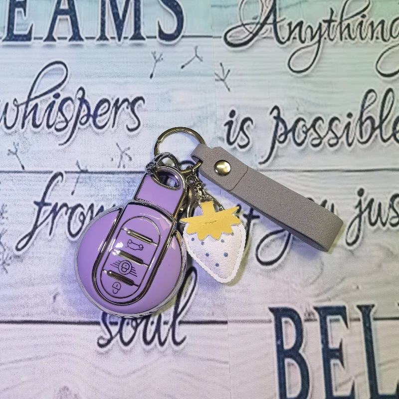 Ins-style Lavender Car Key Case Cover | Sweet Strawberry Leather Charm | Luxurious Minimalist Button Protector, Aesthetic Choice