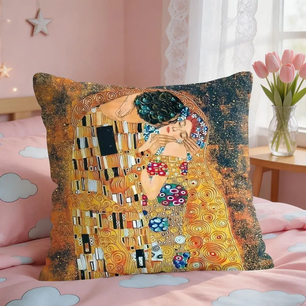 G-Gustav Klimt Oil Art Cushion Cover Square Short Plush Pillow Case Living Room Sofa Home Decor Funda 40X40