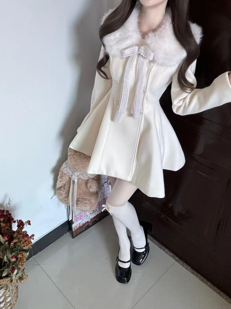 프렌치 스타일 페이크 퍼 칼라 슬림핏 코트 드레스 여성 가을 겨울 솔리드 엘레강트 드레스 따뜻한 캐주얼 한국 패션 드레스