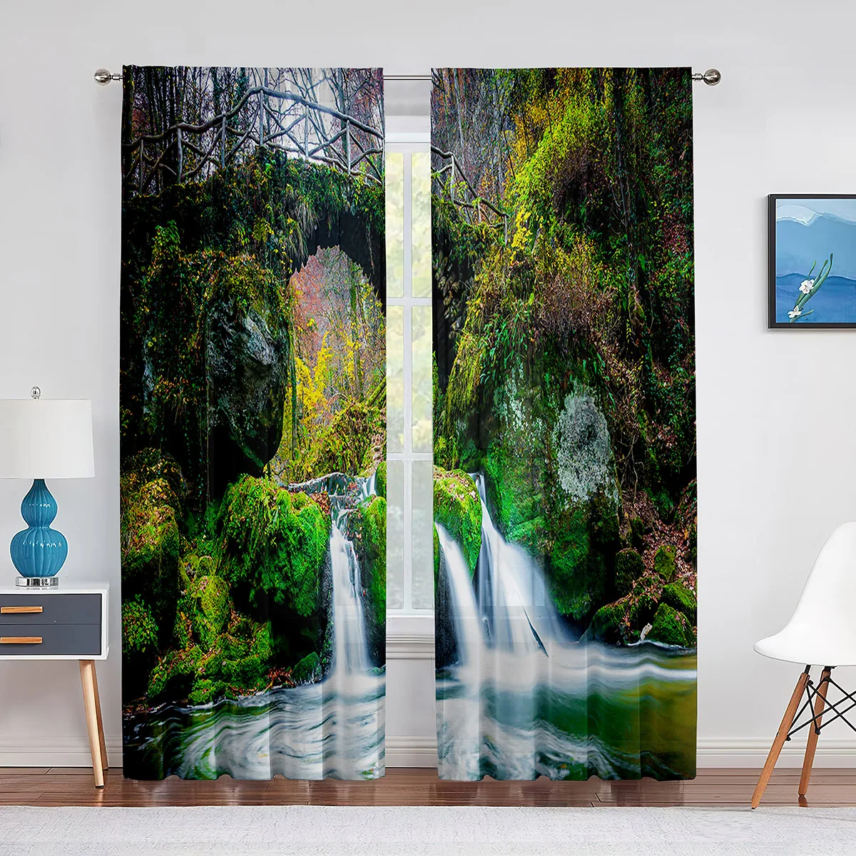 2pcs Waterfall with Nature Landscape Theme Green Forest River Curtains for Living Room Bedroom Decor Curtain Window Drape