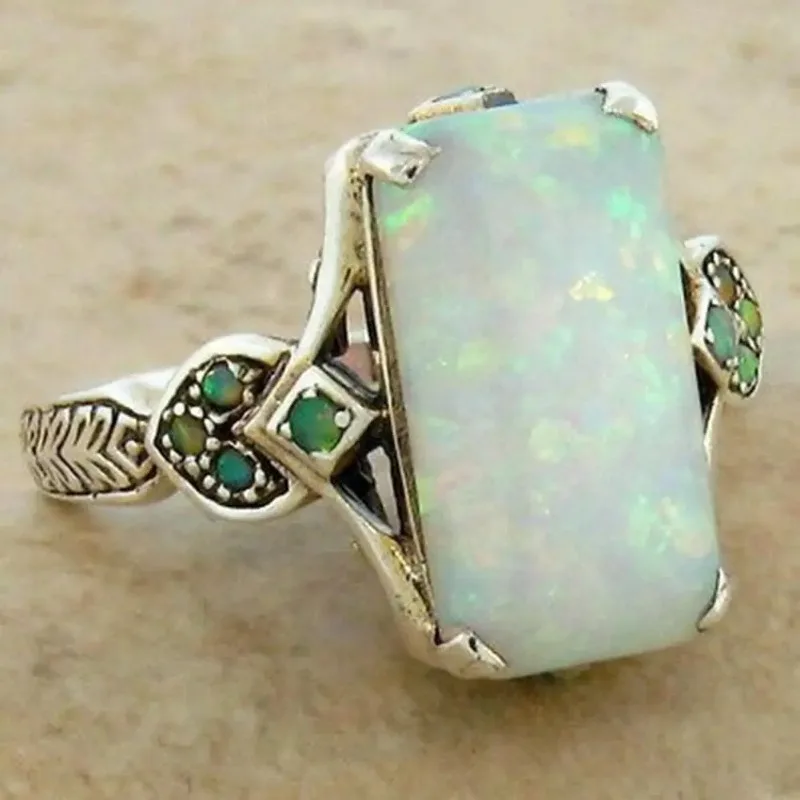 New Fashion Square White Opal Ring for Women Vintage Turquoise Rectangular Faux Gem Ring Jewelry Gifts Женская Бижутерия Тренд