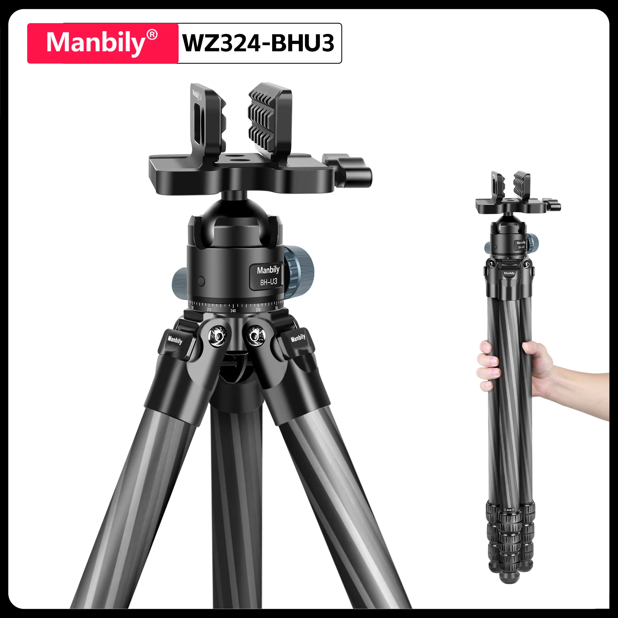 Manbily WZ-324 Statyw z włókna węglowego i głowica kulowa z siodłem o średnicy 44 mm BH-U3, zestaw myśliwski z rurką 32 mm (* Zacisk nie można odłączyć) — zdjęcie produktu 7