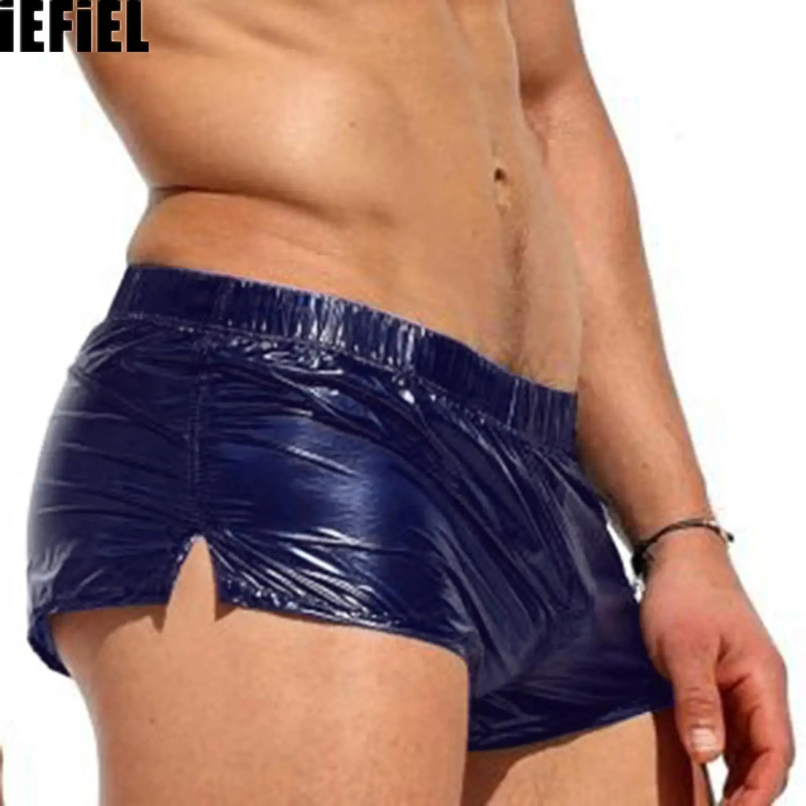 Męskie spodenki z niskim stanem Slim Fit Błyszczące spodenki Rozcięcie z boku Jednokolorowe kąpielówki na wakacje Plaża Impreza przy basenie Klub nocny