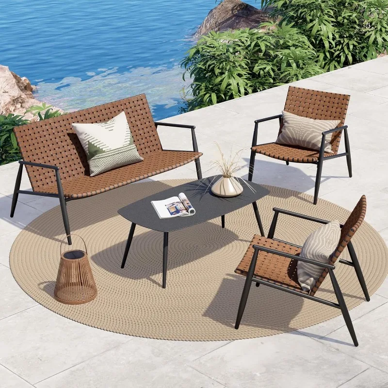 

4 Pieces Outdoor Furniture Set, Leather-Look Patio Conversation Set, Vintage Brown Wicker Chairs Loveseat and 1 Coff