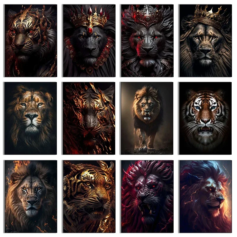 Abstract Evil Lion with Crown King Poster and Print Wild Eagle Wolf Canvas Painting Wall Art Picture for Living Room Home Decor