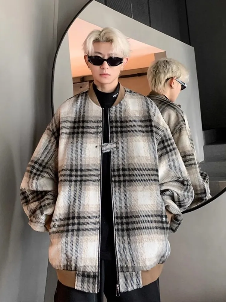

Мужская шерстяная куртка в клетку для осени и зимы, молодежная модная бейсбольная куртка в стиле ретро, американская верхняя одежда, ветрозащитная