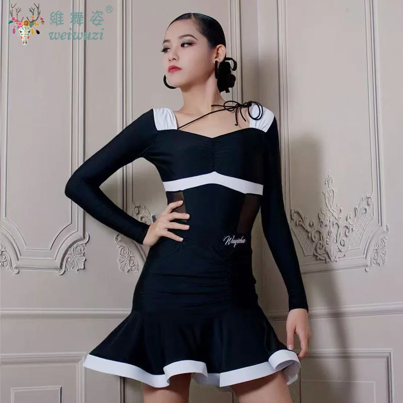 Zwart Wit Latin Dans Pak Meisjes Competitie Danskleding Rumba Cha Cha Samba Prestaties Jurk Kid Standaard Toneelkostuum