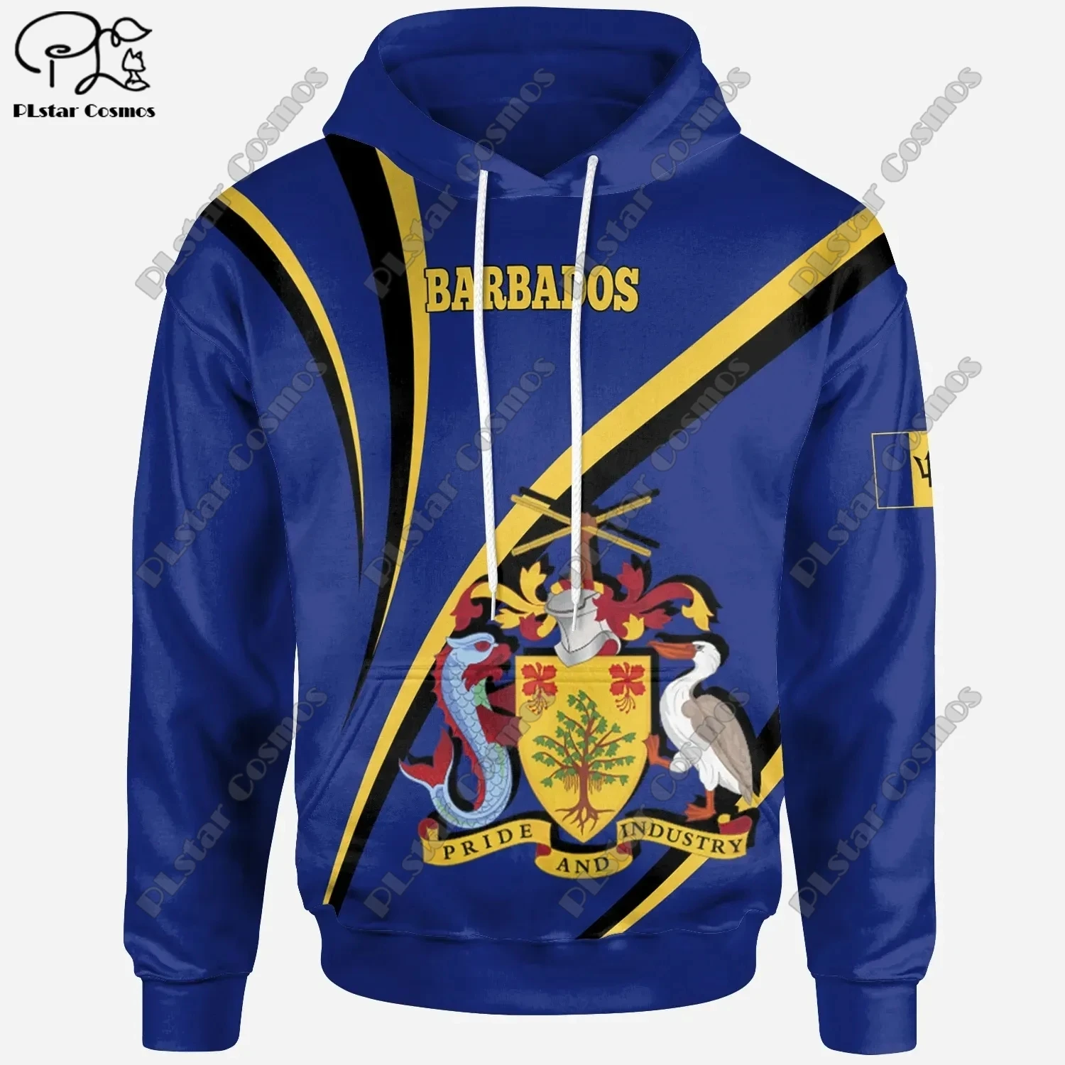 PLstar Cosmos-Unisex 3D Impresso Barbados Brasão de Armas e Bandeira, Retro Colors, Latest Street, Casual Unisex Hoodie, B-2