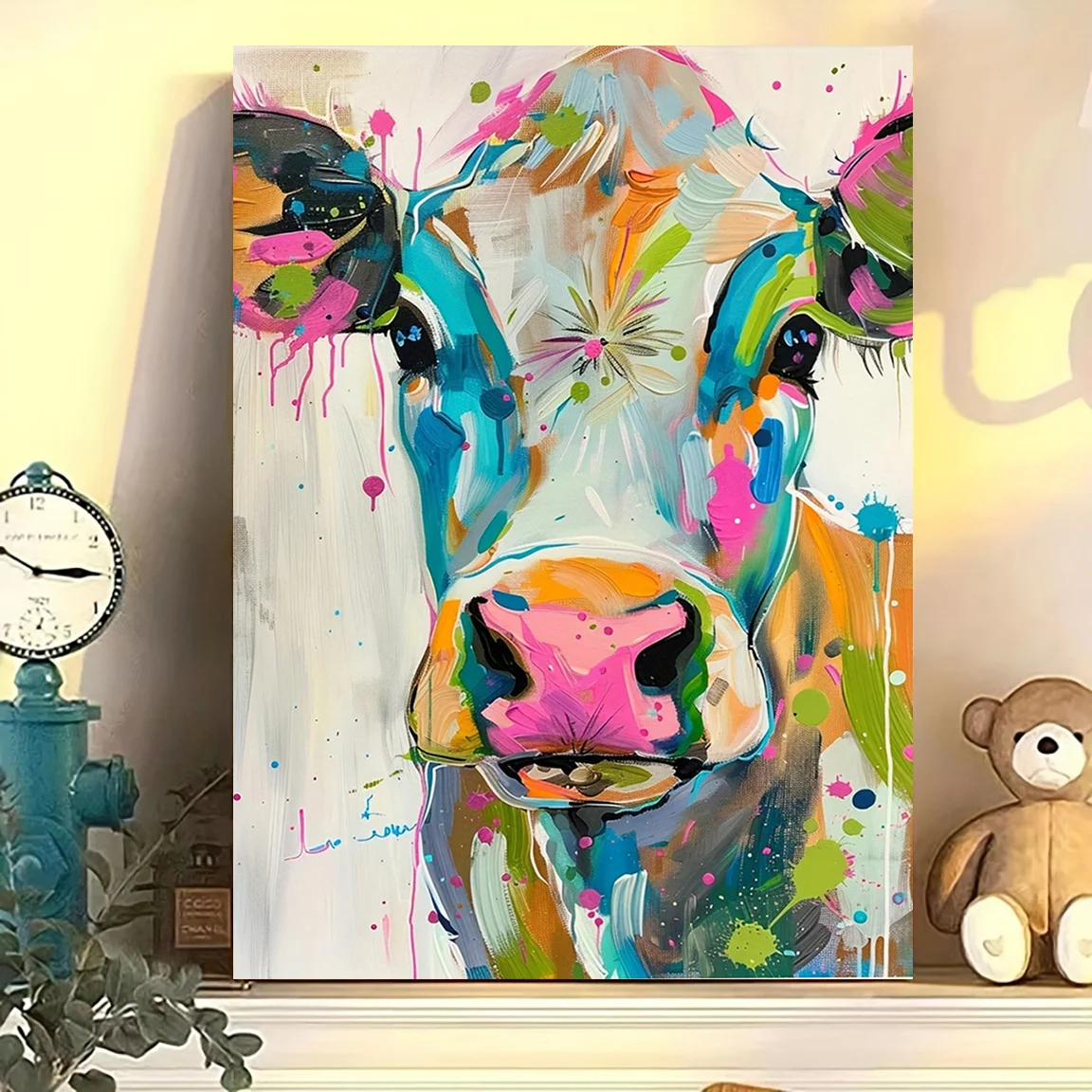 Colorful Cow Canvas Art Print Poster, Vibrant Abstract Animal Wall Decor for Living Room, Bedroom, Kitchen, Office, Frameless view 5