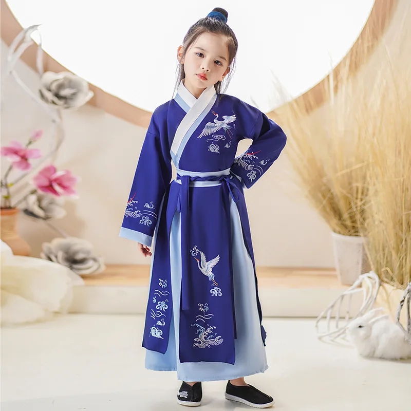 

Kids Three Piece Set Tang Suit Girls Cotton Crane Embroidery Long Sleeve Ancient Hanfu children Perform Costumes