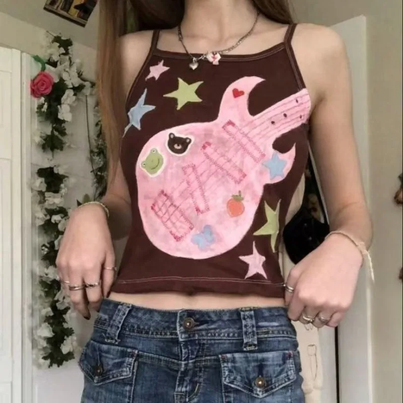 

American Punk Sexy Halter Vest Women Clothing Print Sleeveless Tunic Camisole Street Fashion Tees Korean Summer Tanks Crop Tops