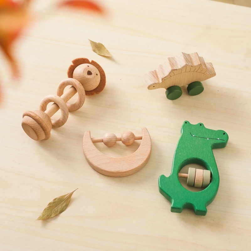 Montessori Wooden 4pc Toys Set Wooden Animal Rattle Learning Educational Baby Teether Toys 0 12 Months Creative Montessori Games