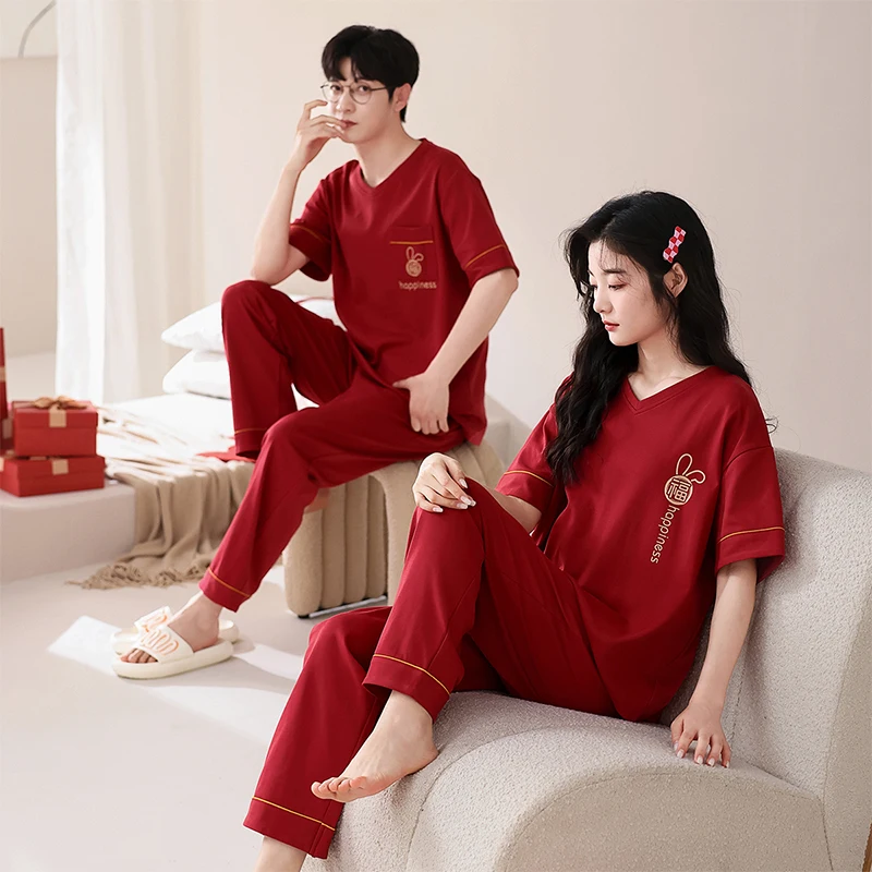 High Quality Couple Pajamas Sets 100% Cotton Short Tops+Long Pants Sleepwear Women and Men Casual Pyjamas