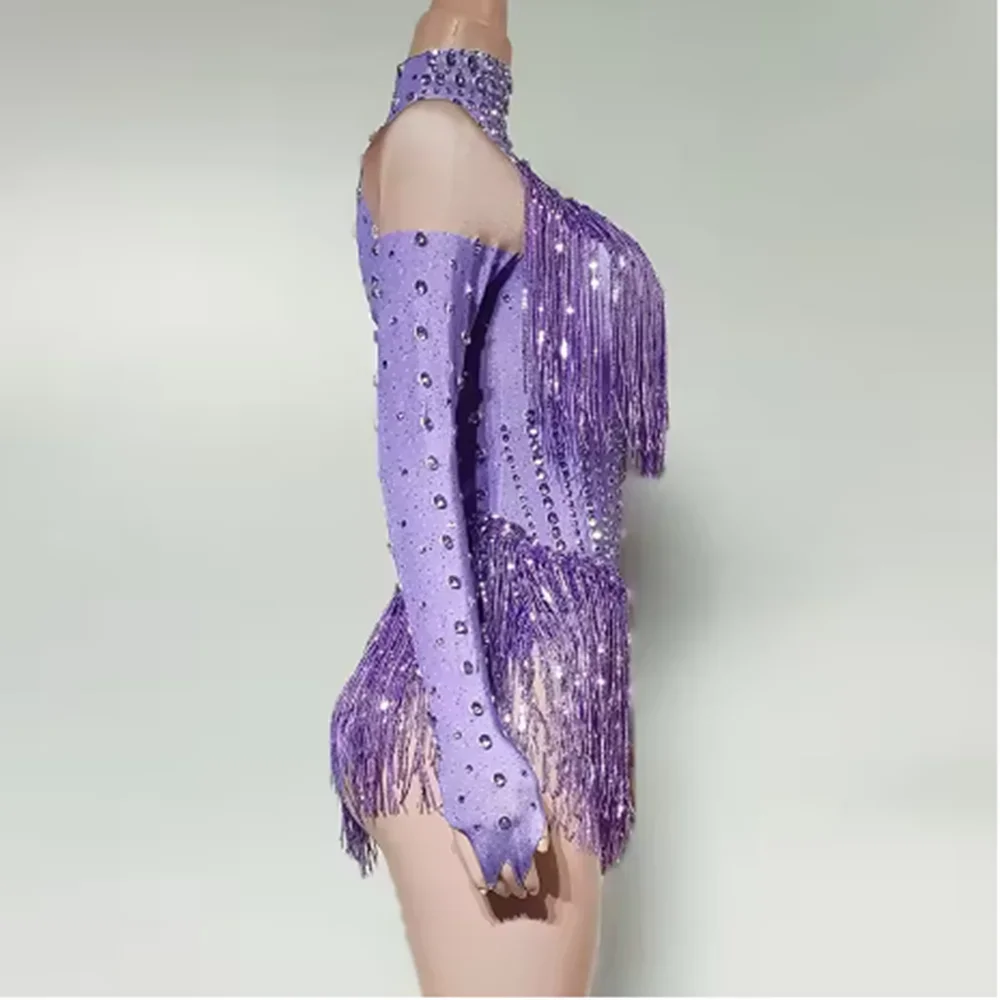 

Purple Fringe Rhinestone Bodysuit Sexy Gogo Dance Costume Party Nightclub Stage Outfit Drag Queen Festival Rave wear