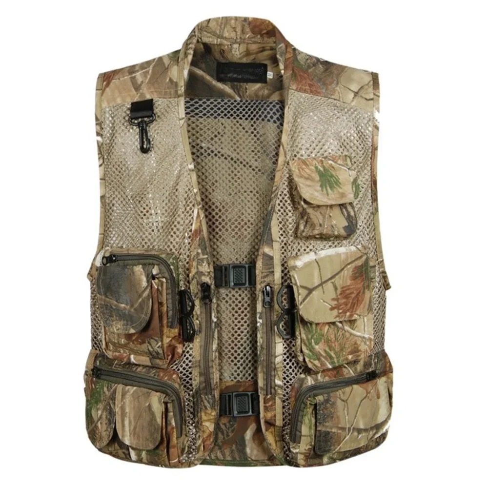 Baggy Summer Causal Mens Mesh Vest Multi Pocket Photographers Gauze Green Camouflage XJ634