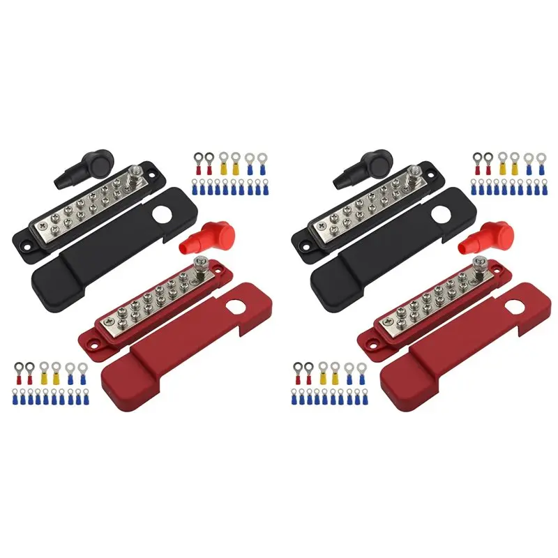 2 Set 12 Terminal Distribution Block Bus Bar DC 48V 12P Wiring Bars Busbar With Covers + Ring Terminals For RV Yacht-X59A