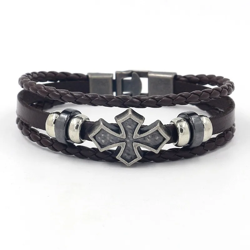 Vintage Multi-layer Leather Woven Cross Bracelet Charming Men\'s Bracelet New Fashion Hip-hop Punk Accessories Jewelry Wholesale