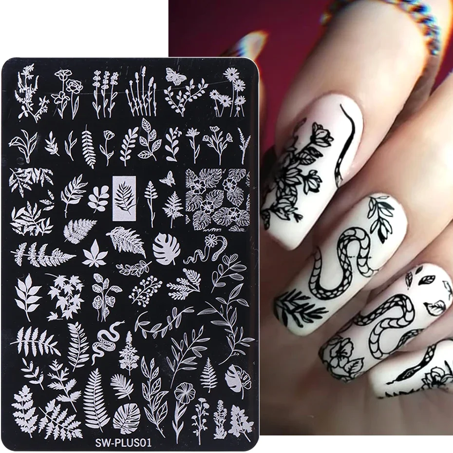 Placas de estampado de uñas de serpiente, hojas de flores, mariposa, estrella de amor, cinta, lazo, sello para placa, molde, plantillas de impresión de uñas