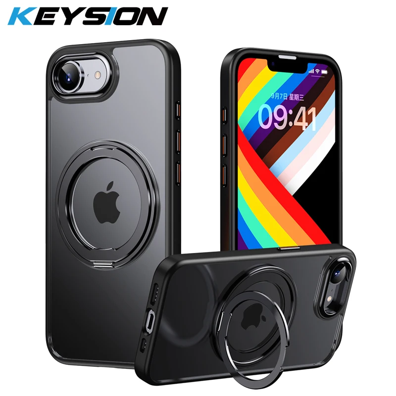 KEYSION Shockproof Transparent Case for MagSafe for iPhone 17e 16e 360° Magnetic Ring Stand Wireless Charging Matte Clear Cover