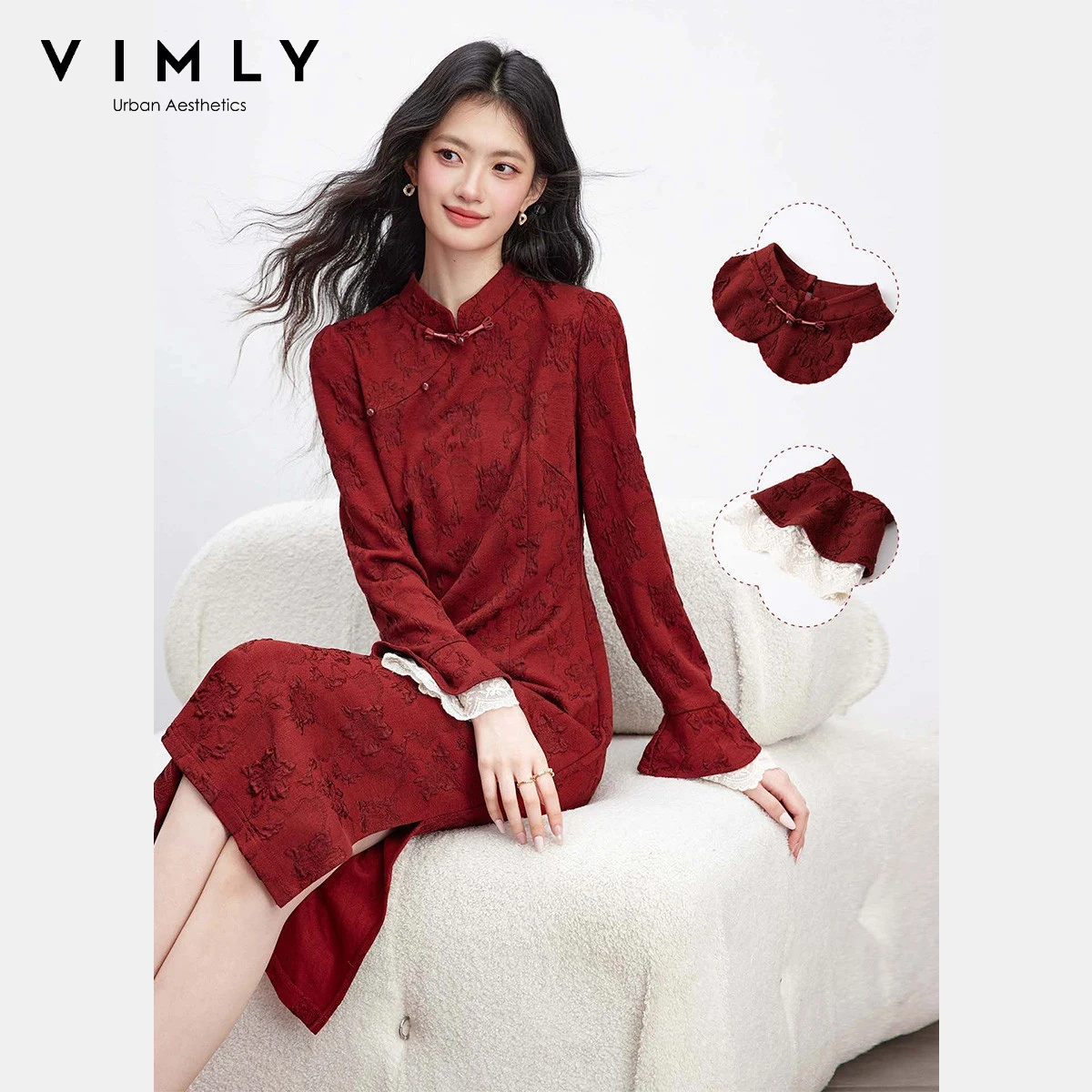 VIMLY Red New Year's Chinese Stand-up Collar Button Dress Women's Spring 26 New Lace Cheongsam Dress A3900