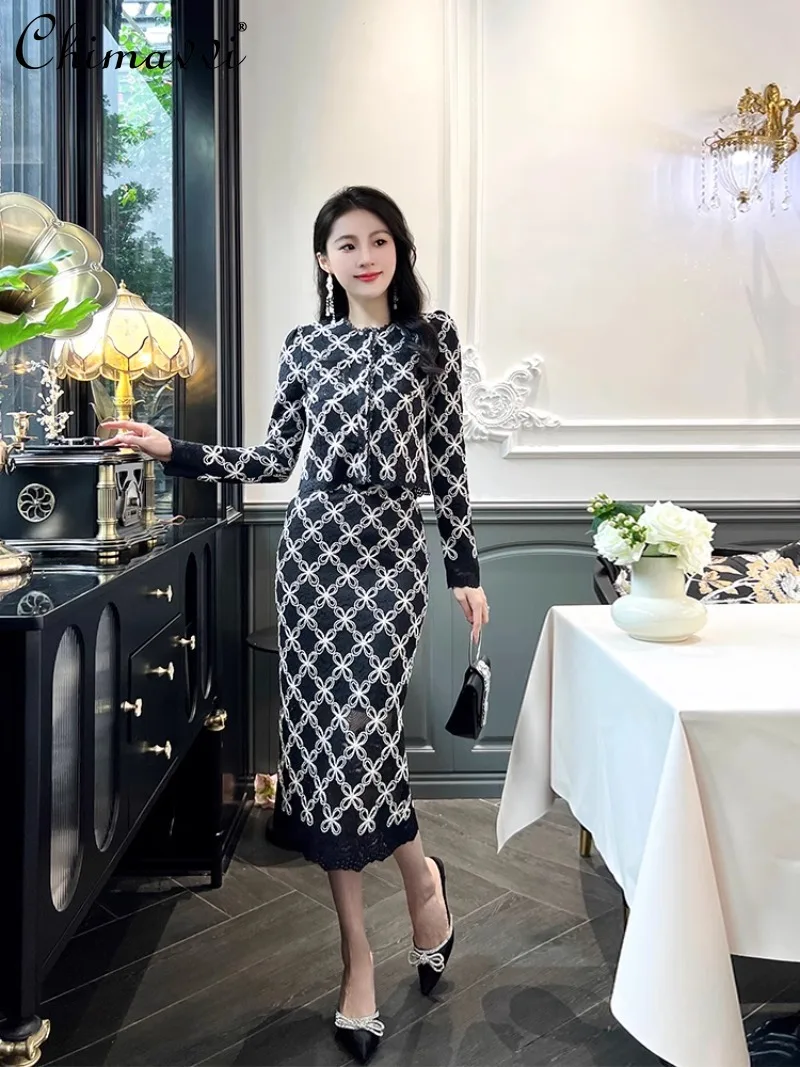 

2024 New Autumn Beautiful High-end Fashion Black High-end Skirt Two-piece Suit For Women