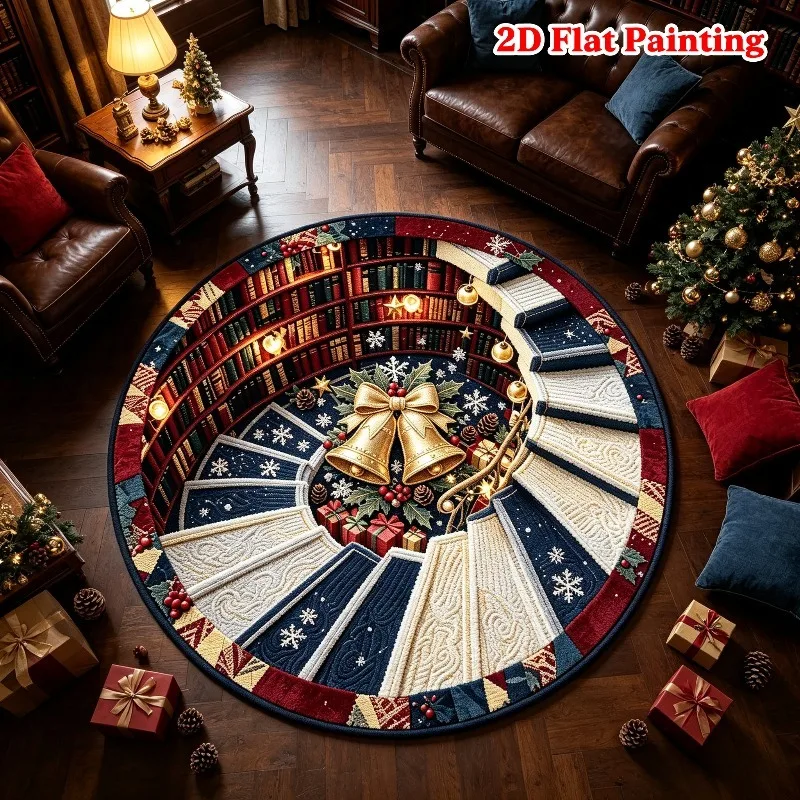 Round Area Rug Navy Blue Spiral Staircase Bookshelf Tunnel Gold Bell 2D Flat Print for Living Room