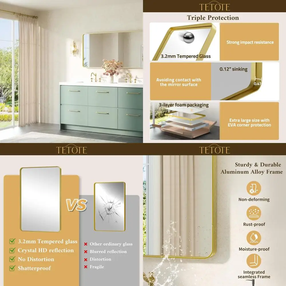 

Зеркало для ванной комнаты в современном фермерском доме 48 x 24, рама из матового золота, закаленное стекло для настенного монтажа (горизонтальное или вертикальное)