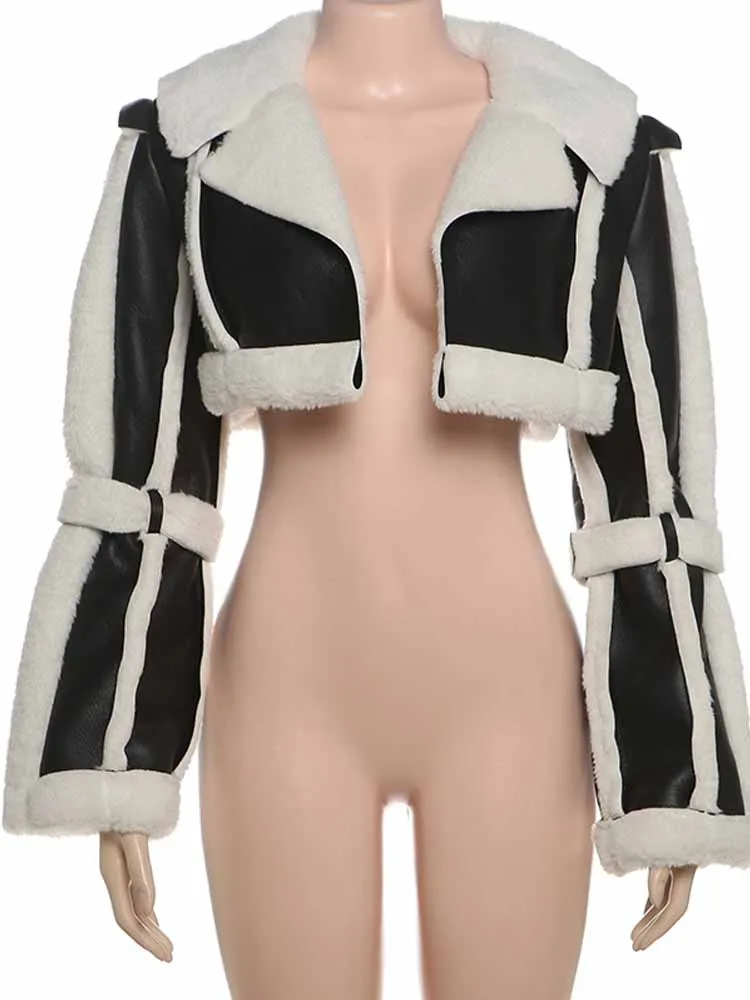 Bkqu peludo retalhos jaqueta de couro feminino moda lapela manga cheia ponto aberto hipster streetwear quente outwear 2025 inverno