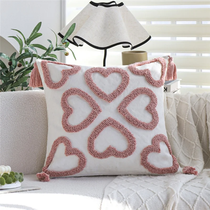 A76X-غطاء الوسادة الحب خصلة مع شرابة ديكور منزلي أنيق 45X45cm كيس وسادة متعدد الوظائف لأريكة غرفة المعيشة الداخلية