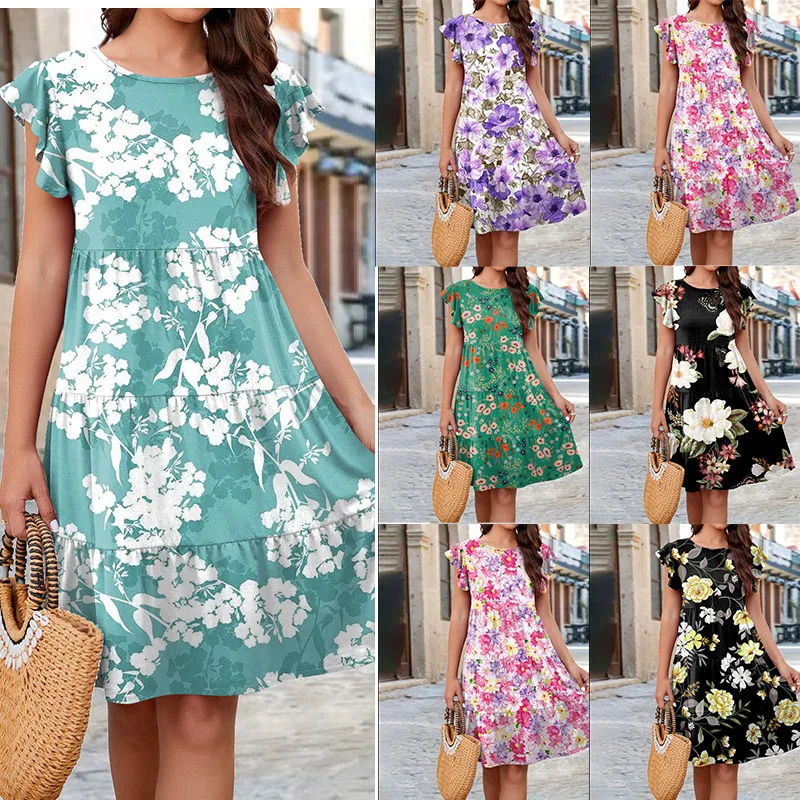 

Summer Dresses for Women Fashion Colorblock Print Top Holiday Casual Short Sleeve Harajuku Floral Clothing Girls Elegant Dresses