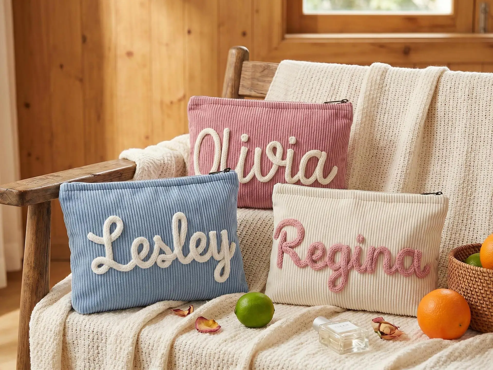 Personalized Corduroy Makeup Bag,Custom Cosmetic Pouch With Name,Bridesmaid Makeup Gift Bag,Embroidered Cosmetic Bag