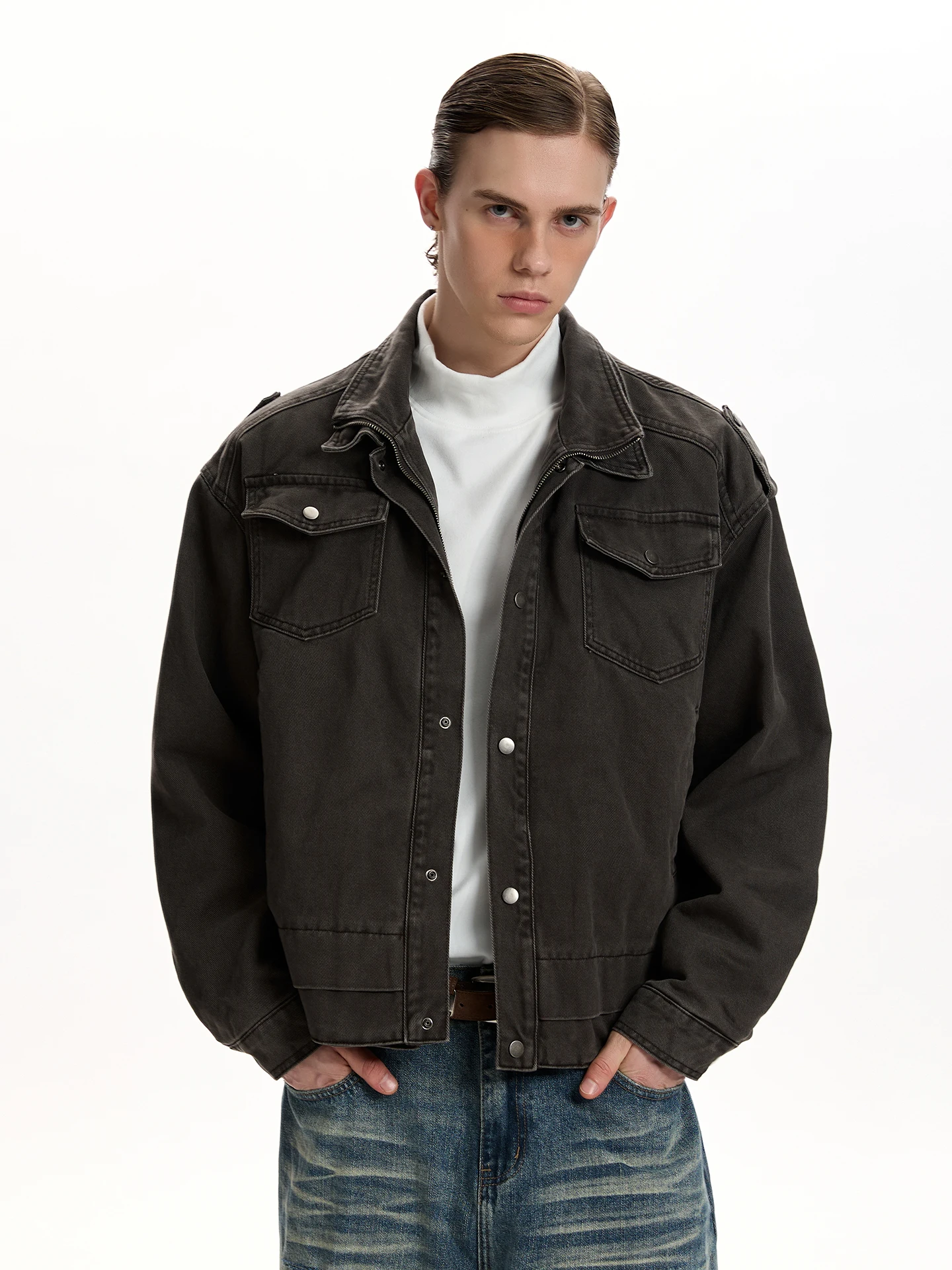 

a PUEE American Barn Sle Double Layer Collar Jaet Vintage Faded ape Cotton ort Outerwear for Youth Spring Autumn