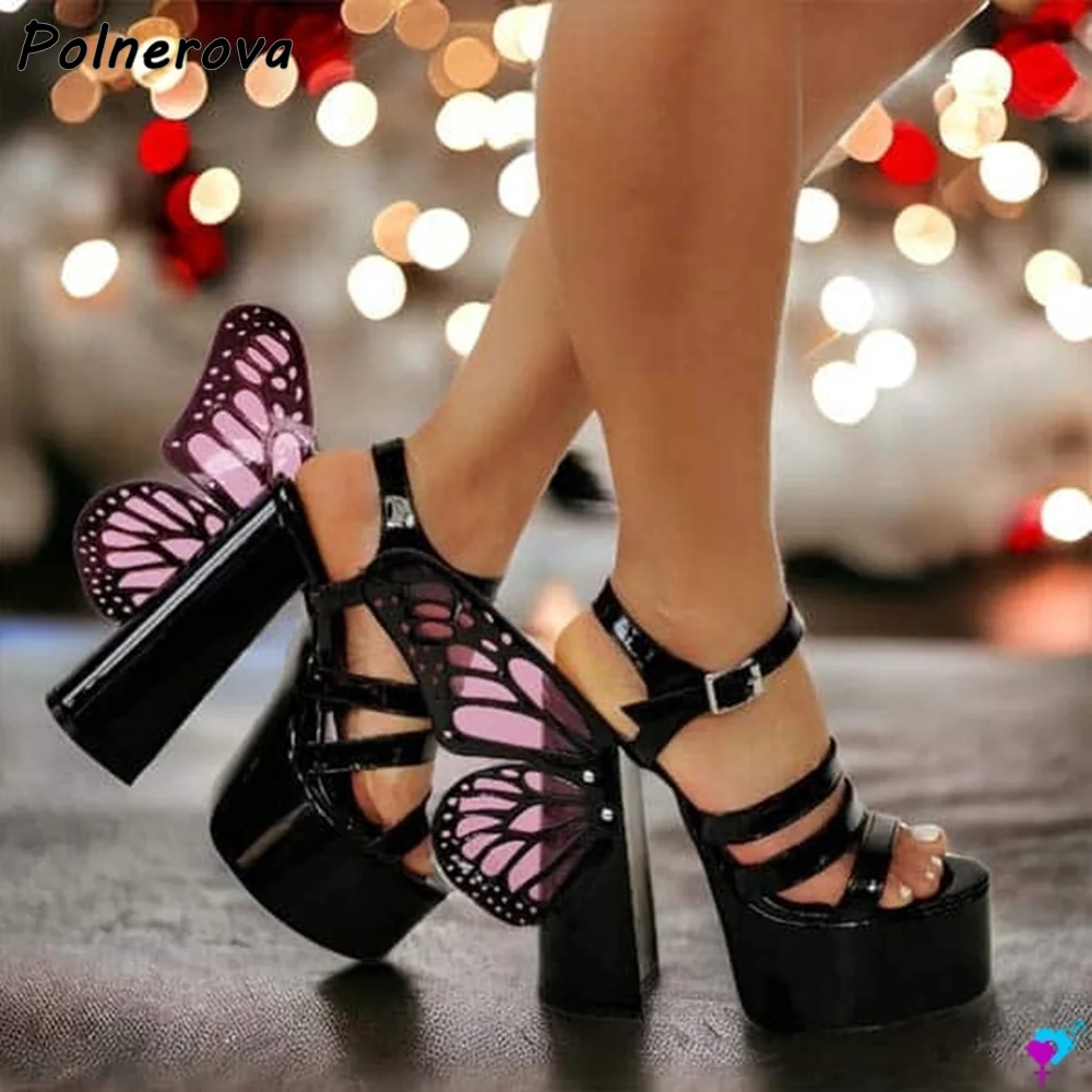 

Black Purple Butterfly Wing Sandals Platform Chunky Heels Straight Strap Summer Sweet Shoes Large Size Buckle Ankle Strap Shoes