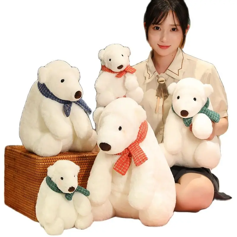 Hot Sell Plush Cute Soft Anime Polar Bear With Scarf Simulated Cartoon Animals Stuffed Doll Baby Accompany Pillow Gift Christmas