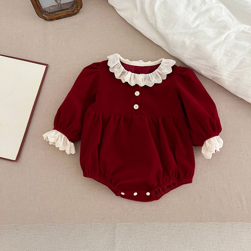 0-24 متر عيد الميلاد طفل رضيع فتاة الأحمر رومبير الدانتيل طوق الربط الخريف الرضع طفل الفتيات طويلة الأكمام بذلة ملابس الطفل
