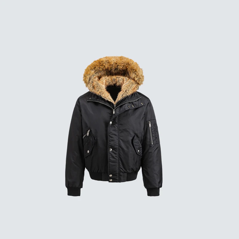 American Retro Big Fur Collar Hooded Cotton Jacket With Cotton Clip Black Warm Cotton Jacket Fake Two Windproof Loose Fit Jacket