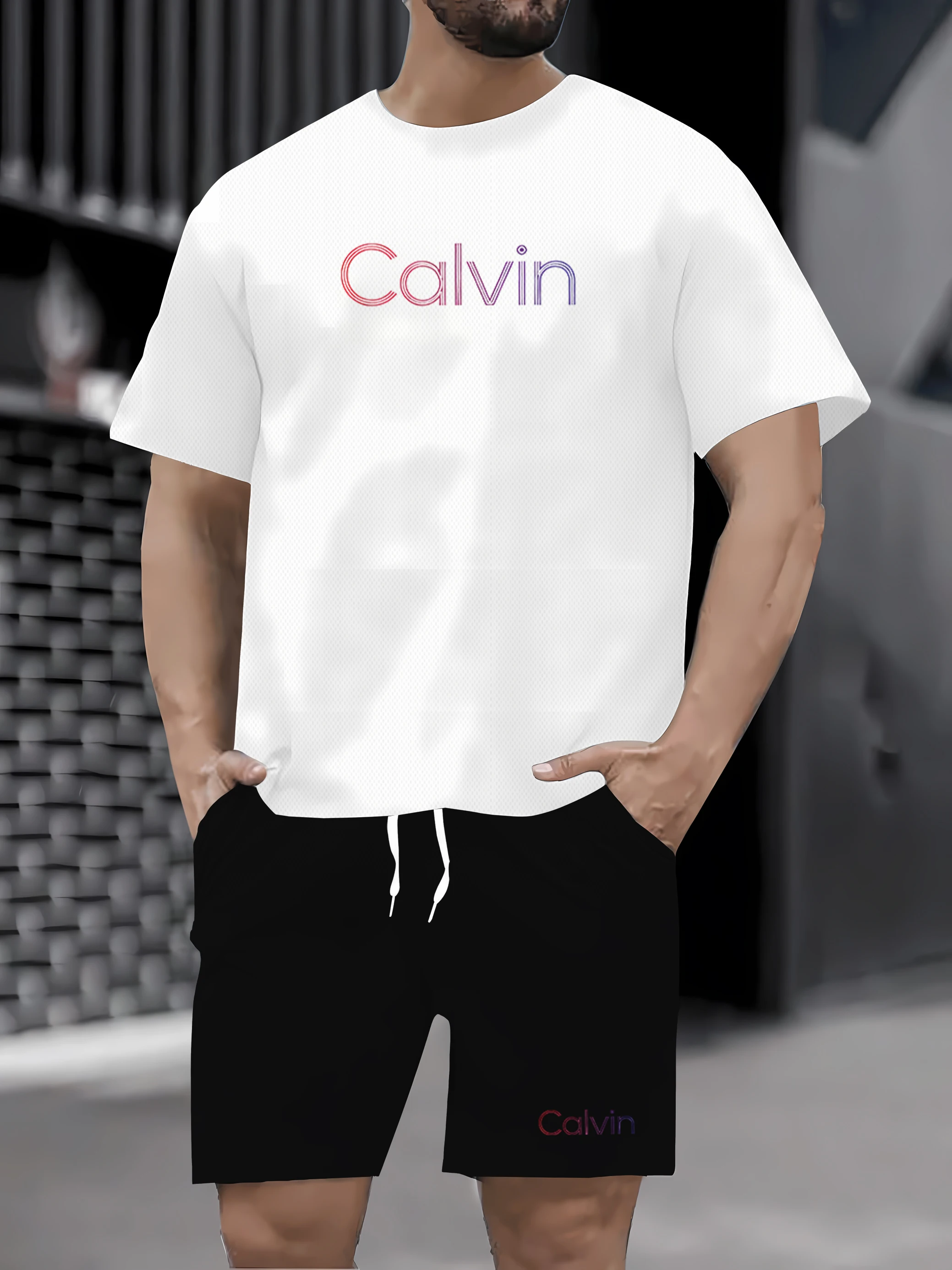 

Conjunto de duas peças esportivo casual da moda masculina jovem estampa verão camiseta de manga curta e shorts conjunto